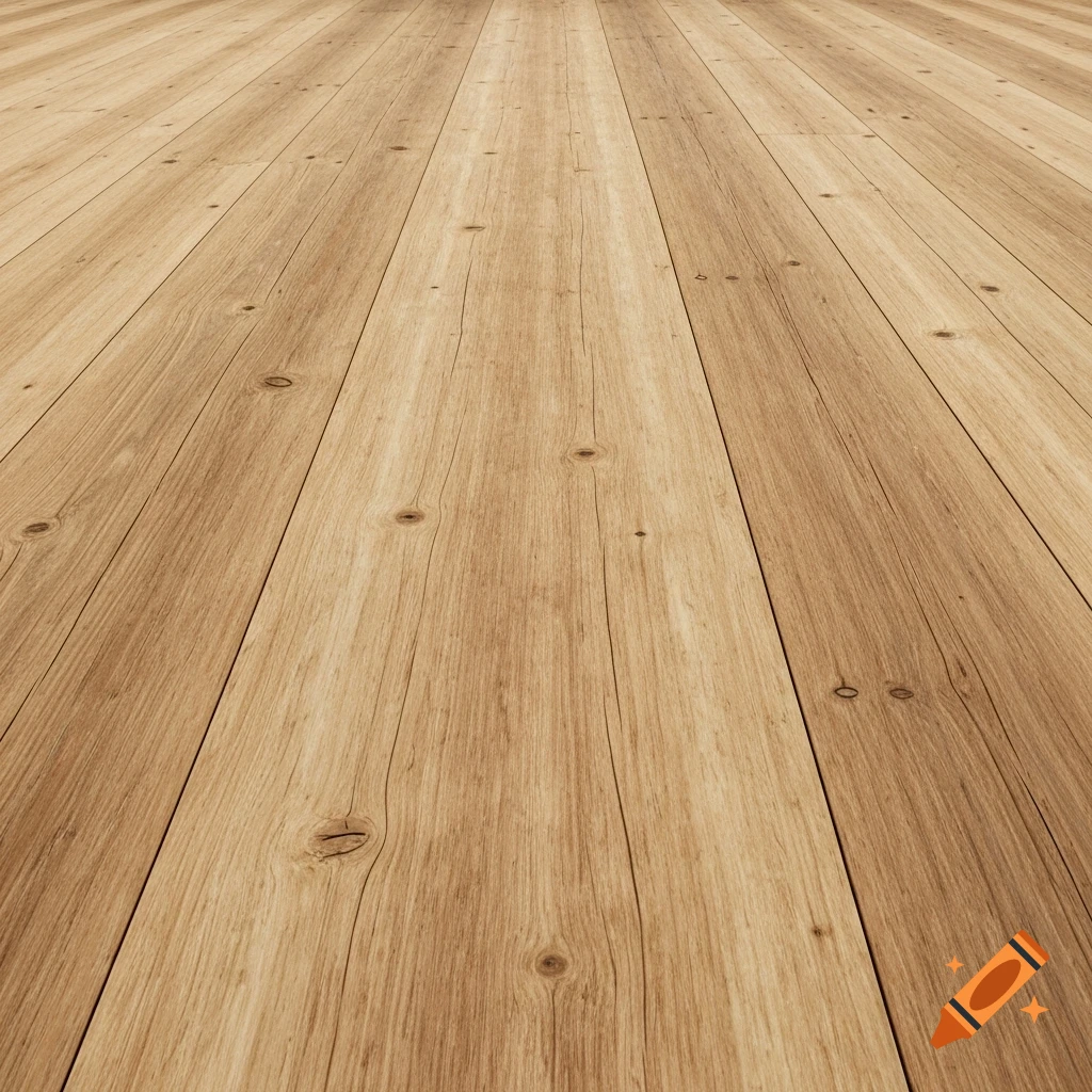 Close-up view of a light brown rustic wooden floor with visible grain and knots, in a photorealistic style.