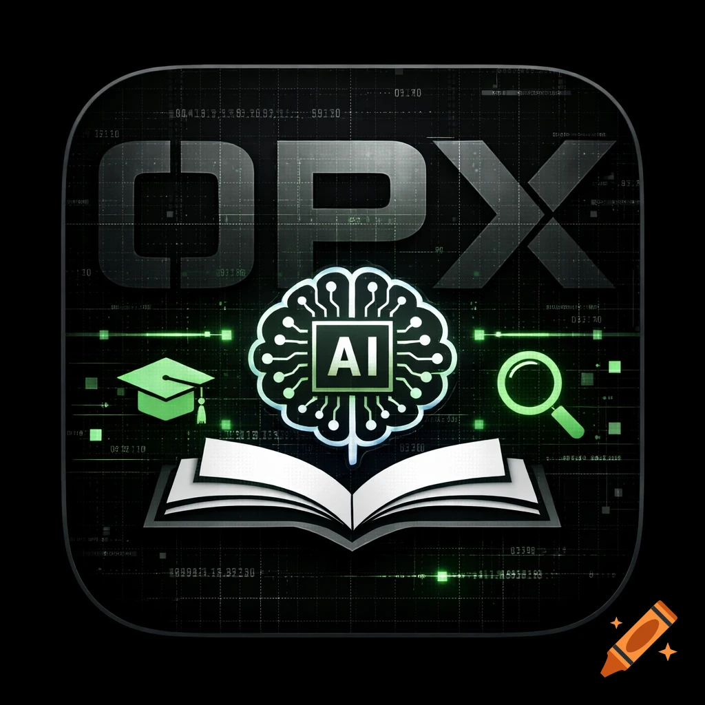 App icon for OPX Scholar featuring a neon green brain with 'AI', open book, graduation cap, magnifying glass, and 'OPX' text on a dark digital grid background.