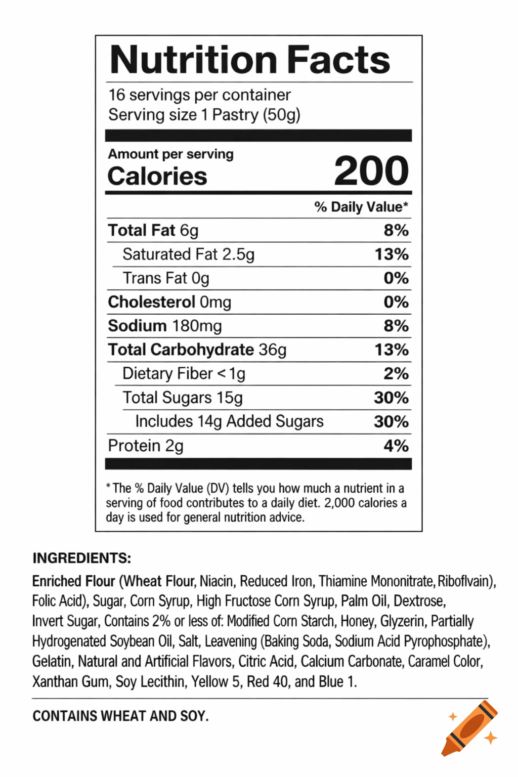 A detailed nutrition facts label for toaster pastries, showing calories, fat, sugar, protein, and a full ingredients list.