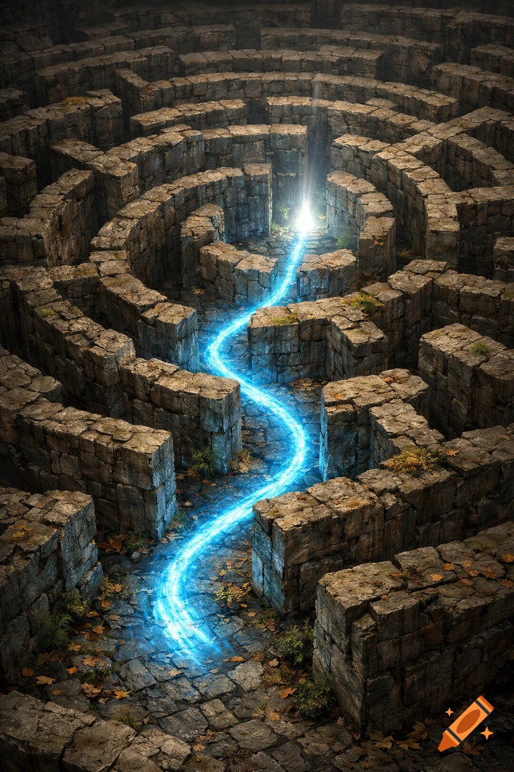 Aerial view of a dark stone maze with a bright, glowing blue path leading to a light source at the center.