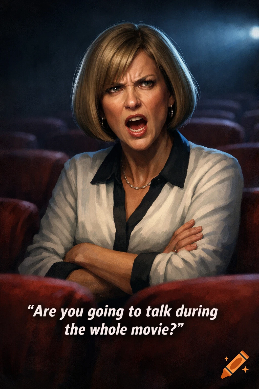 An angry woman with crossed arms yells "Are you going to talk during the whole movie?" from a movie theater seat. Digital illustration.