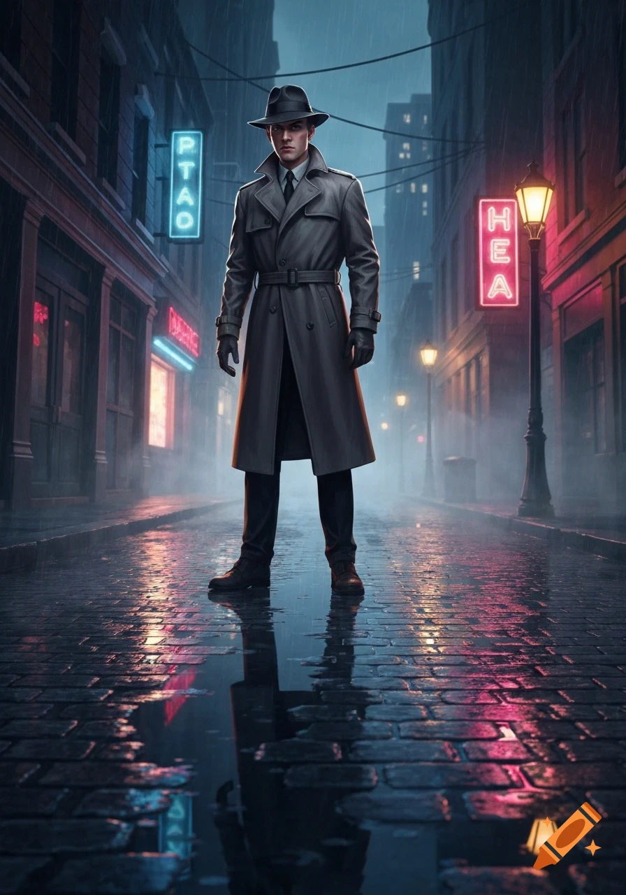 A man in a trench coat and fedora stands on a rainy city street at night, with neon signs glowing in the background.
