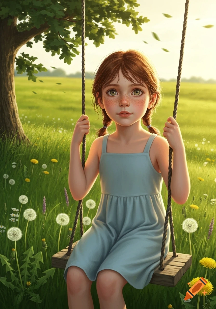 A young girl with freckles and pigtails sits on a swing in a sunny green field with dandelions, under a tree.