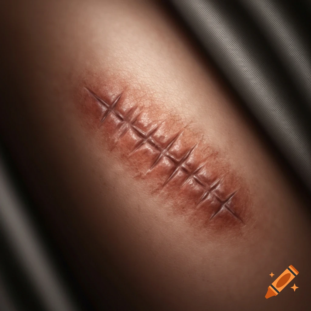 A close-up, photorealistic image of a stitched scar on human skin.