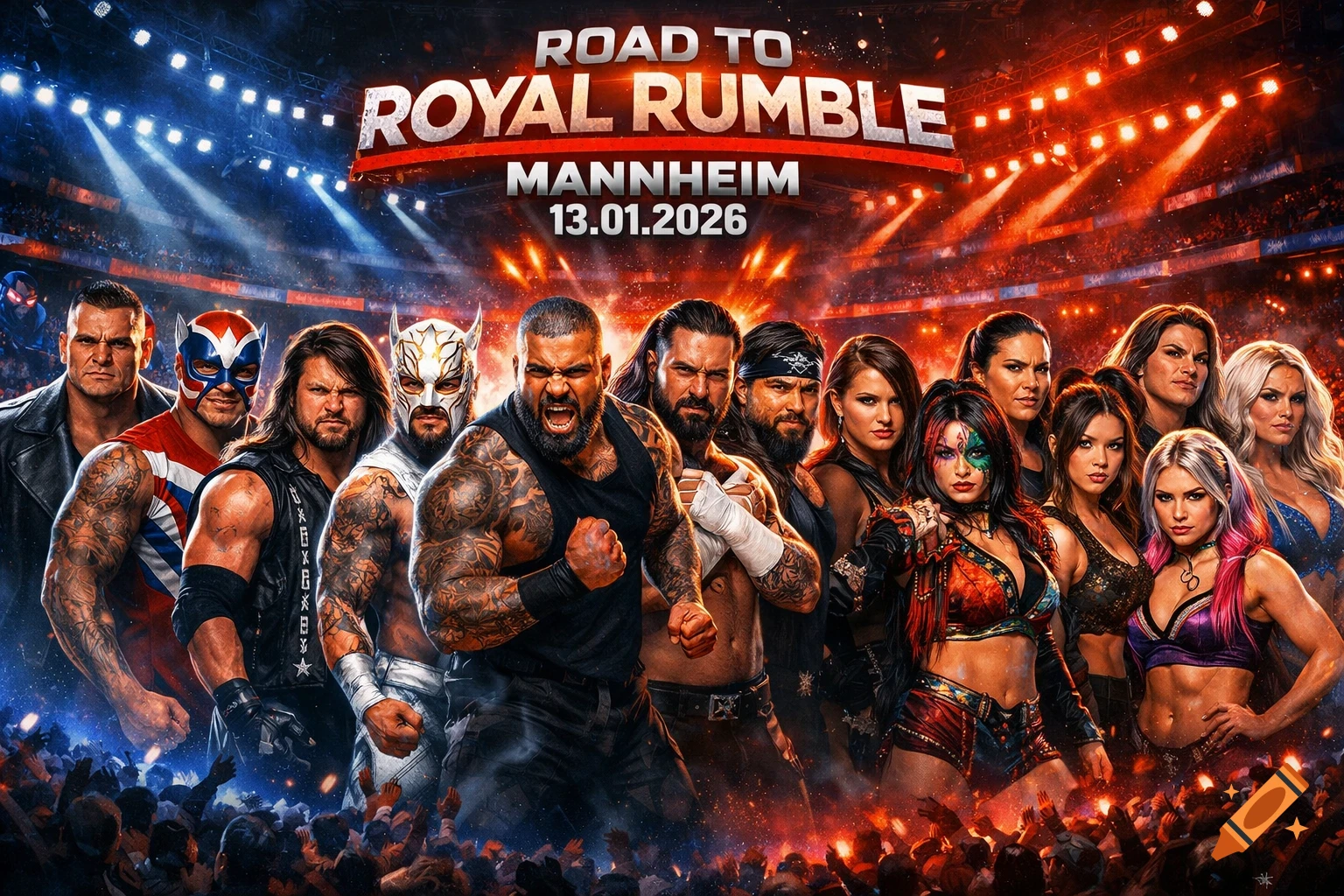 A diverse group of male and female wrestlers pose intensely in a vibrant, photorealistic stadium poster for 'Road to Royal Rumble Mannheim 13.01.2026'.