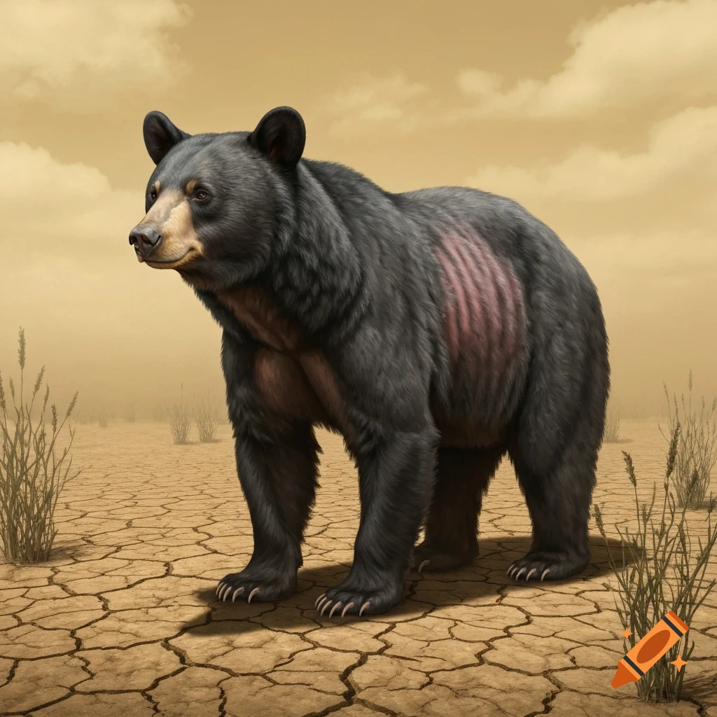A gaunt black bear with visible ribs stands on cracked dry earth under a dusty sky, illustrating the effects of global warming.