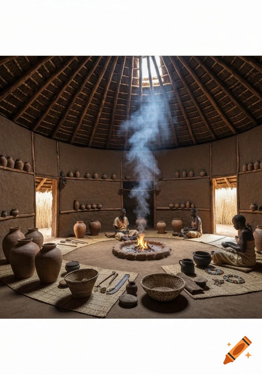 Photorealistic view inside a circular, thatched-roof house with mud walls. Three individuals sit by a central fire, surrounded by traditional pottery and woven items.