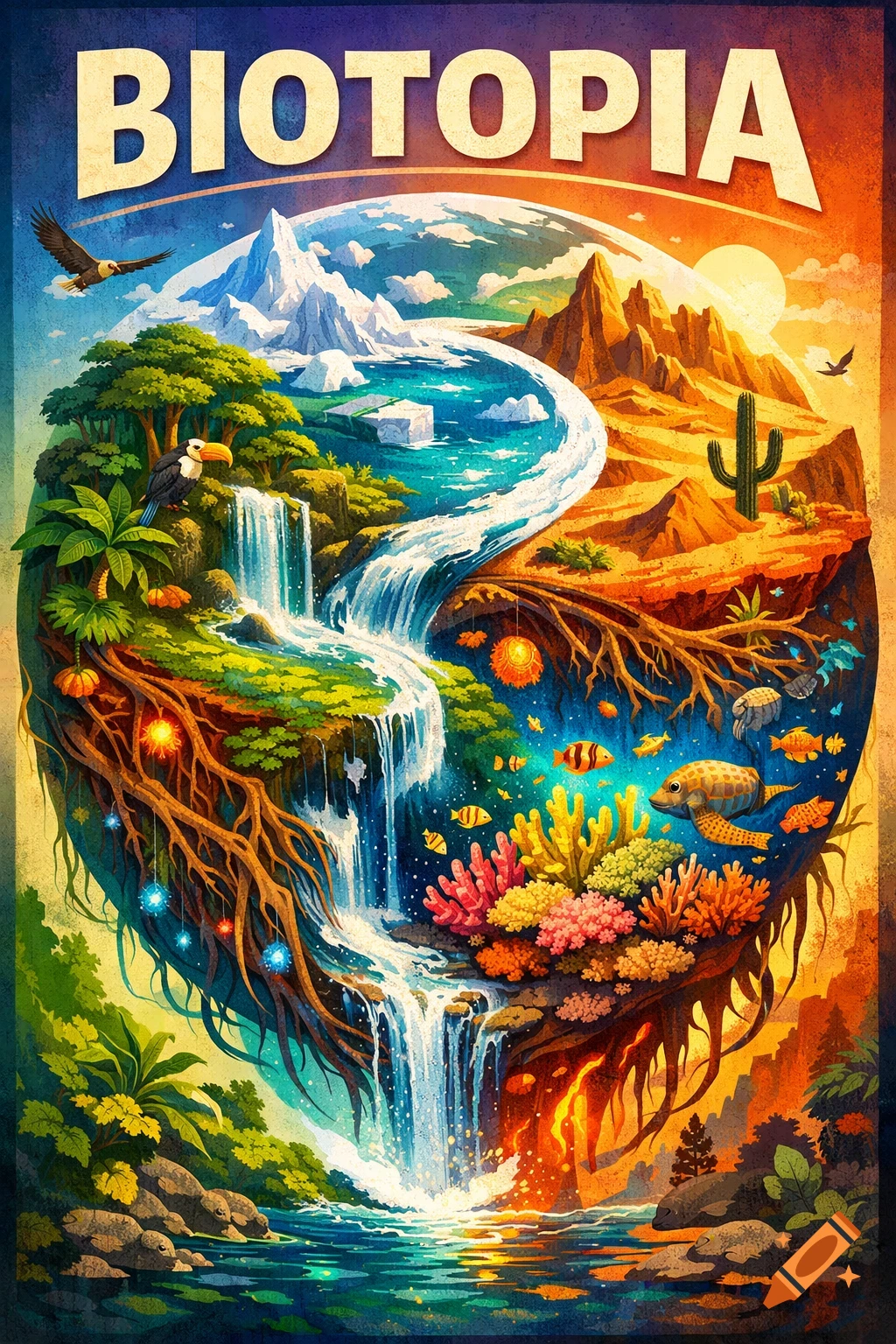 A vibrant poster titled 'BIOTOPIA' showing diverse biomes: mountains, forest, desert, and coral reef connected by a waterfall.