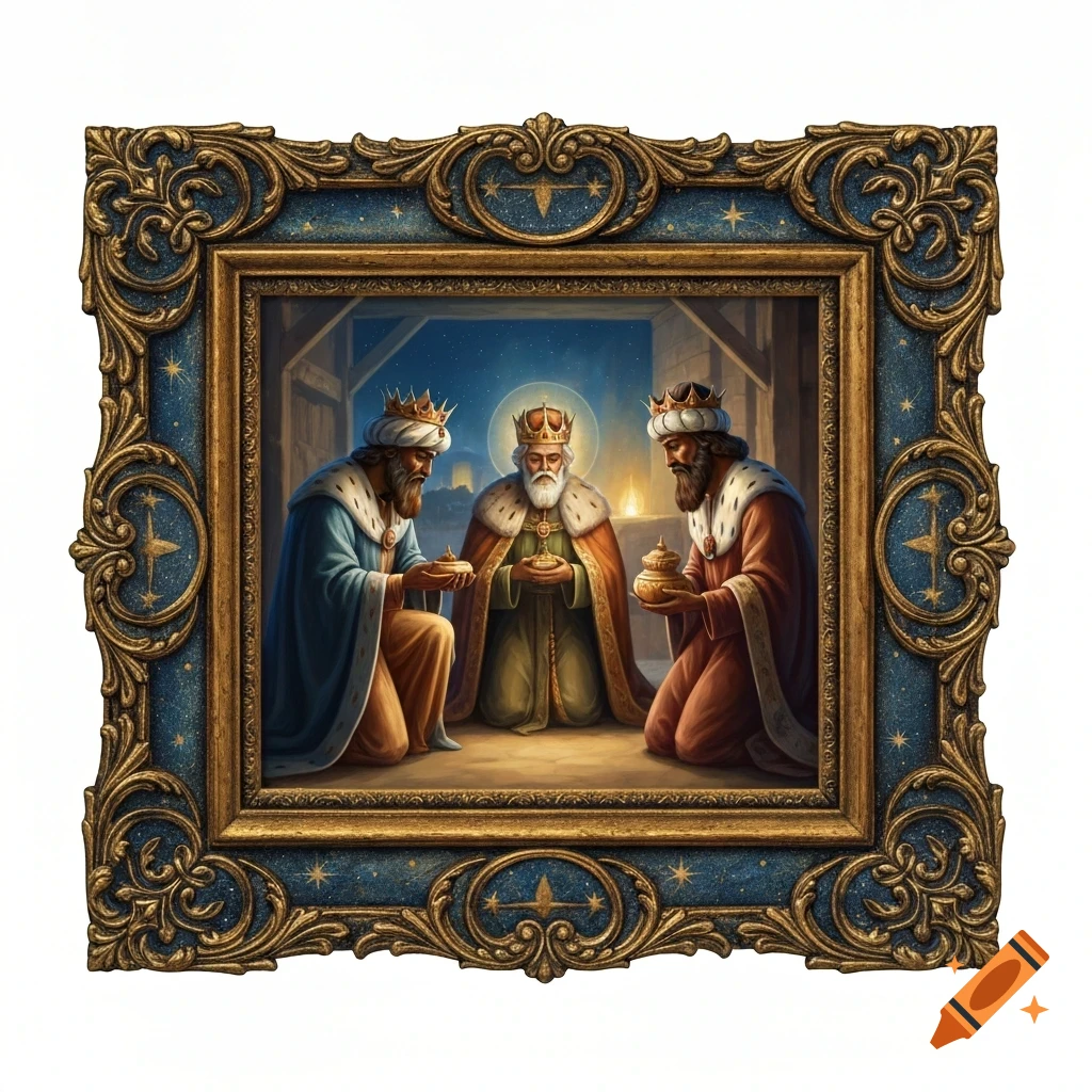 A traditional painting in an ornate gold and blue frame depicts the Three Wise Men kneeling with gifts under a starry night sky.