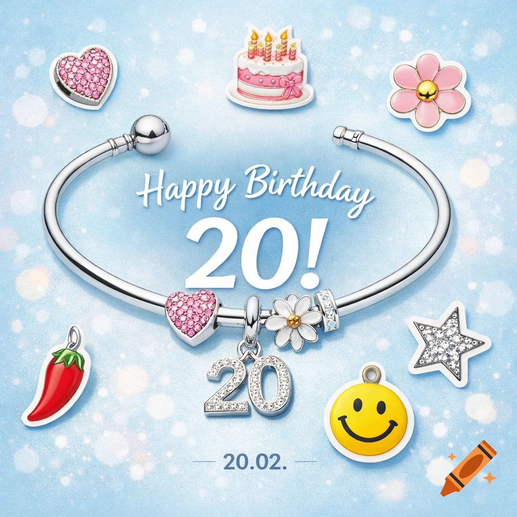 A playful birthday collage on a blue glitter background featuring a silver charm bracelet and various charms, with text 'Happy Birthday 20!' and '20.02.'