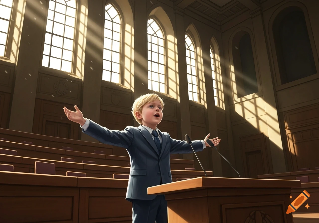 A blond boy in a suit speaks with outstretched arms at a podium in a grand, sunlit hall, digital illustration.