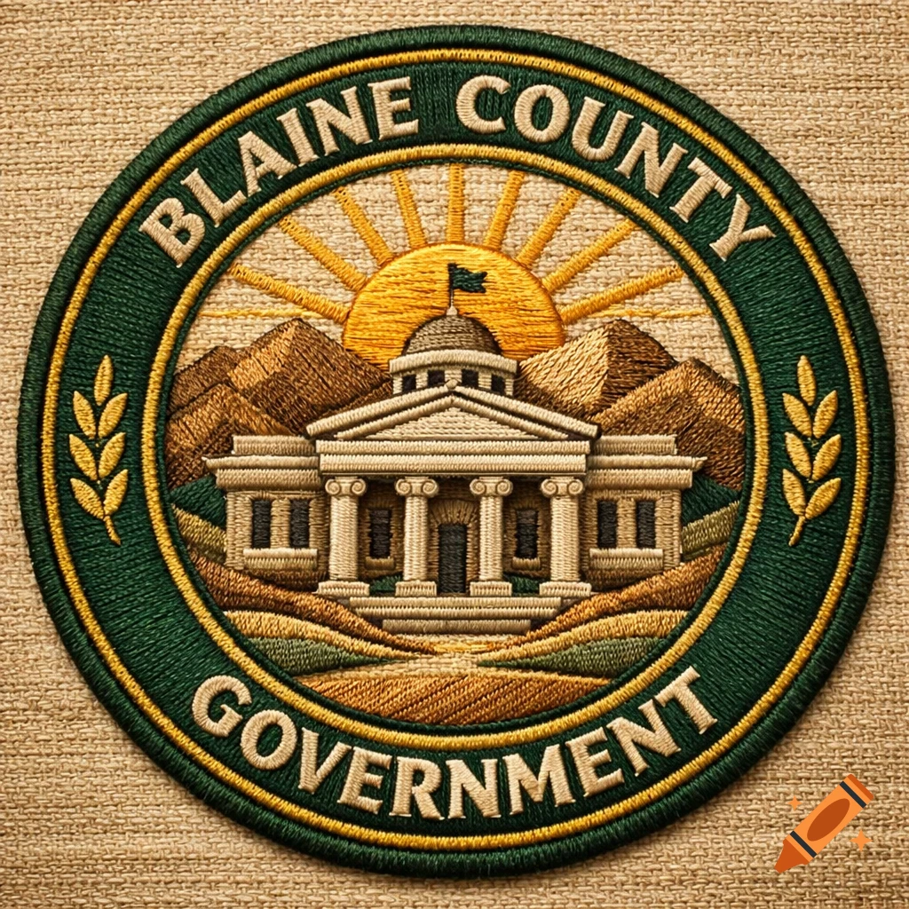 A realistic embroidered patch for Blaine County Government, featuring a courthouse, mountains, and sun.