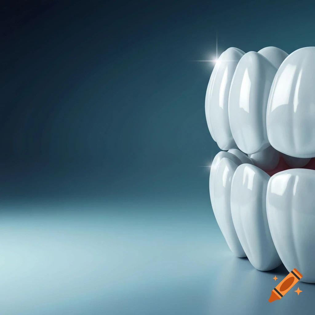 Close-up of clean, white teeth with a slight sparkle against a blurred blue background in a stylized rendering.