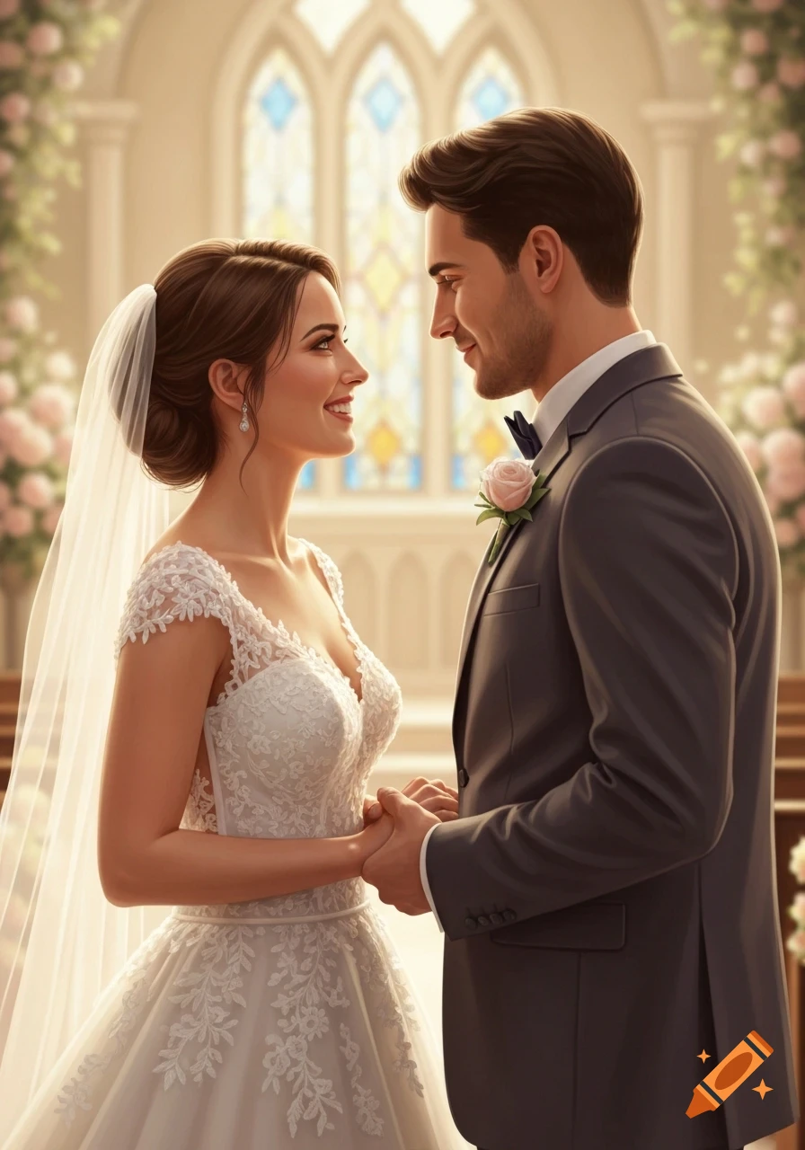 A smiling bride and groom hold hands and gaze at each other during their wedding ceremony in a church.