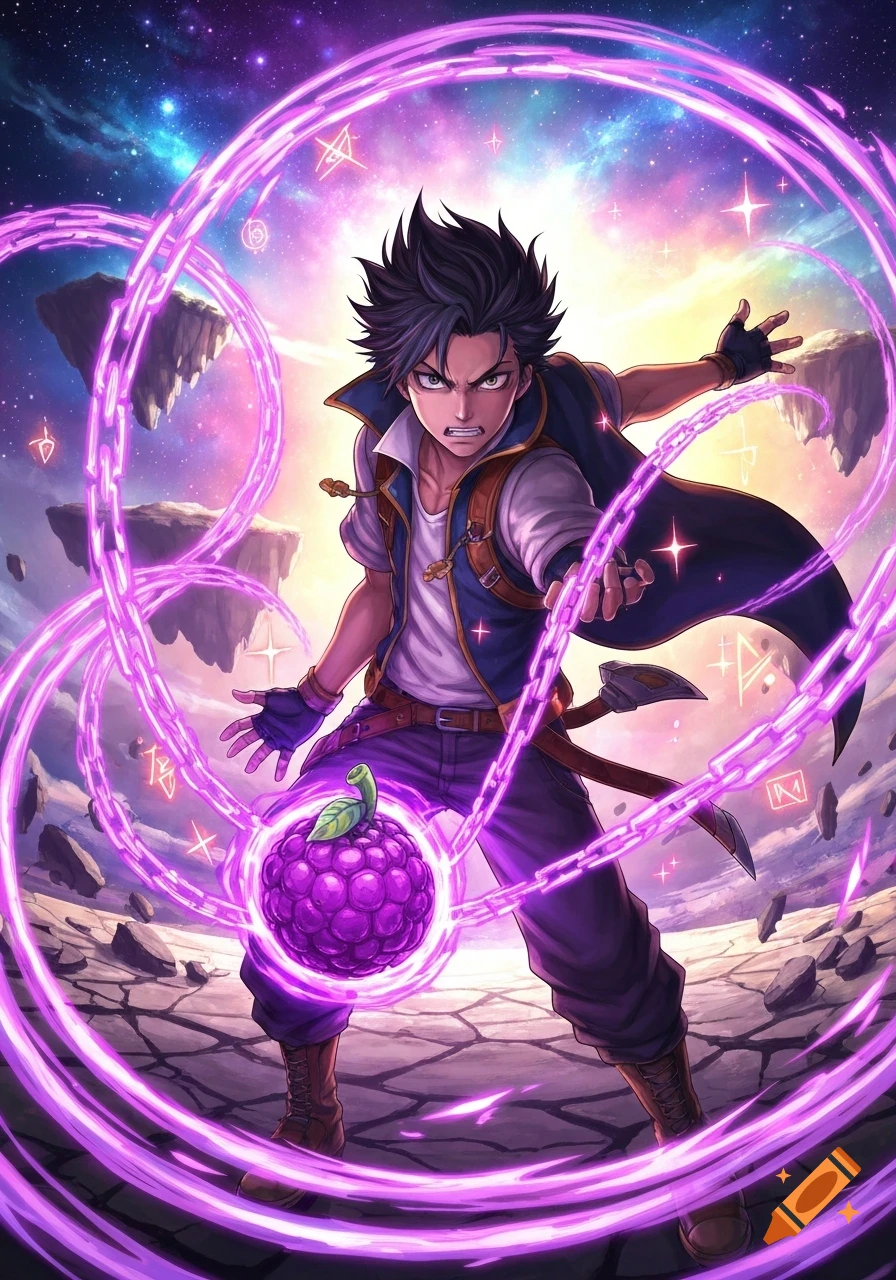 An anime character with spiky dark hair, wearing a white shirt and blue vest, casting a spell with purple glowing chains and a large purple fruit in a cosmic background.