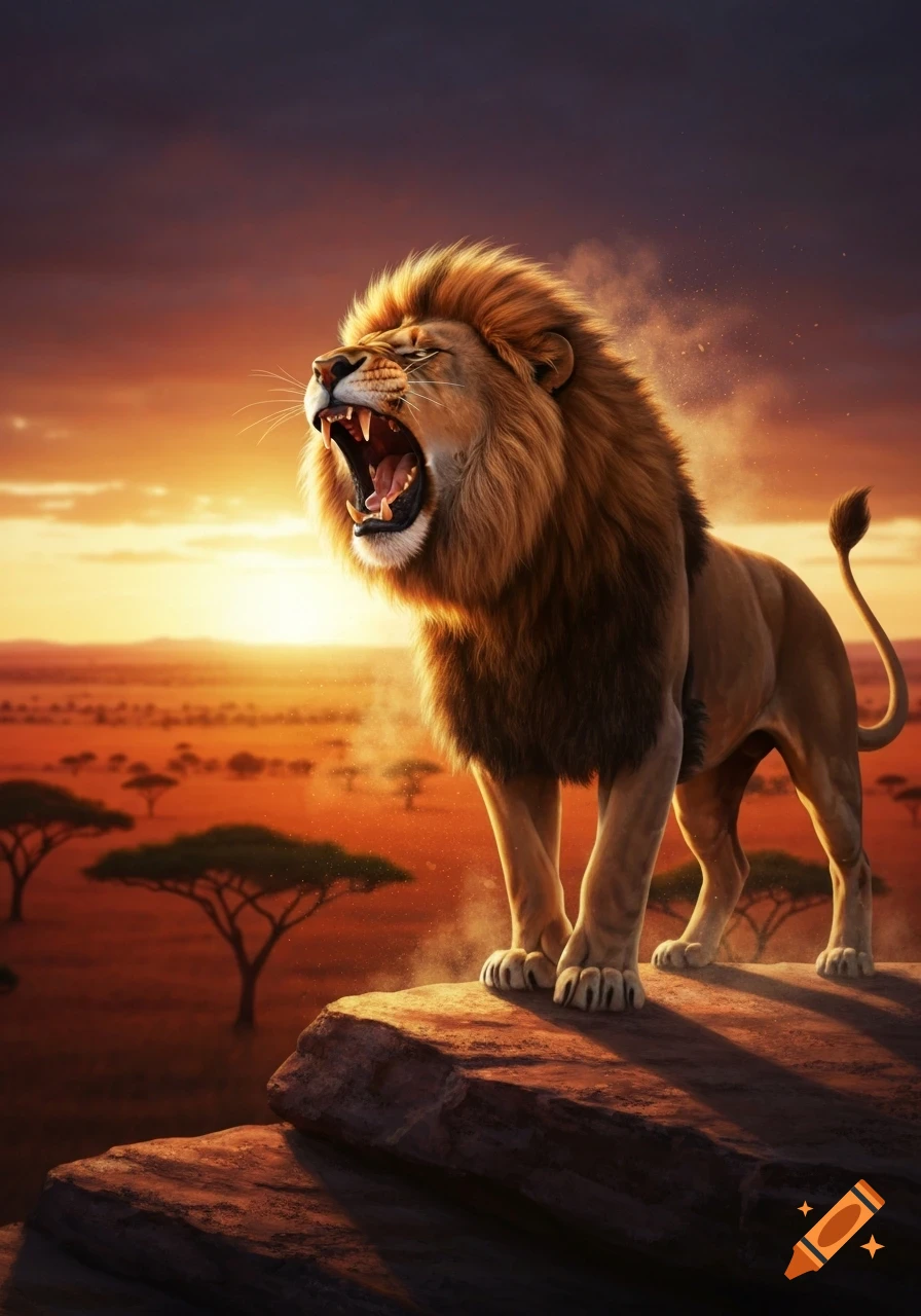 A majestic lion roars atop a rock at sunset in an African savanna, with ...