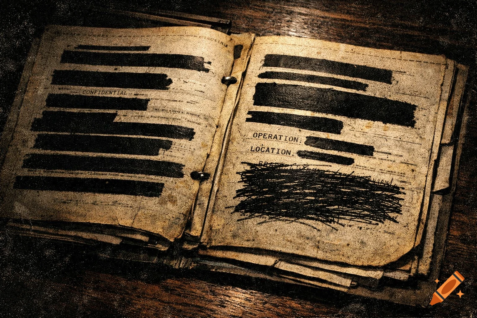 Open, old government file with heavy black redactions, visible text "CONFIDENTIAL", "OPERATION", "LOCATION", grainy texture, and dramatic lighting.