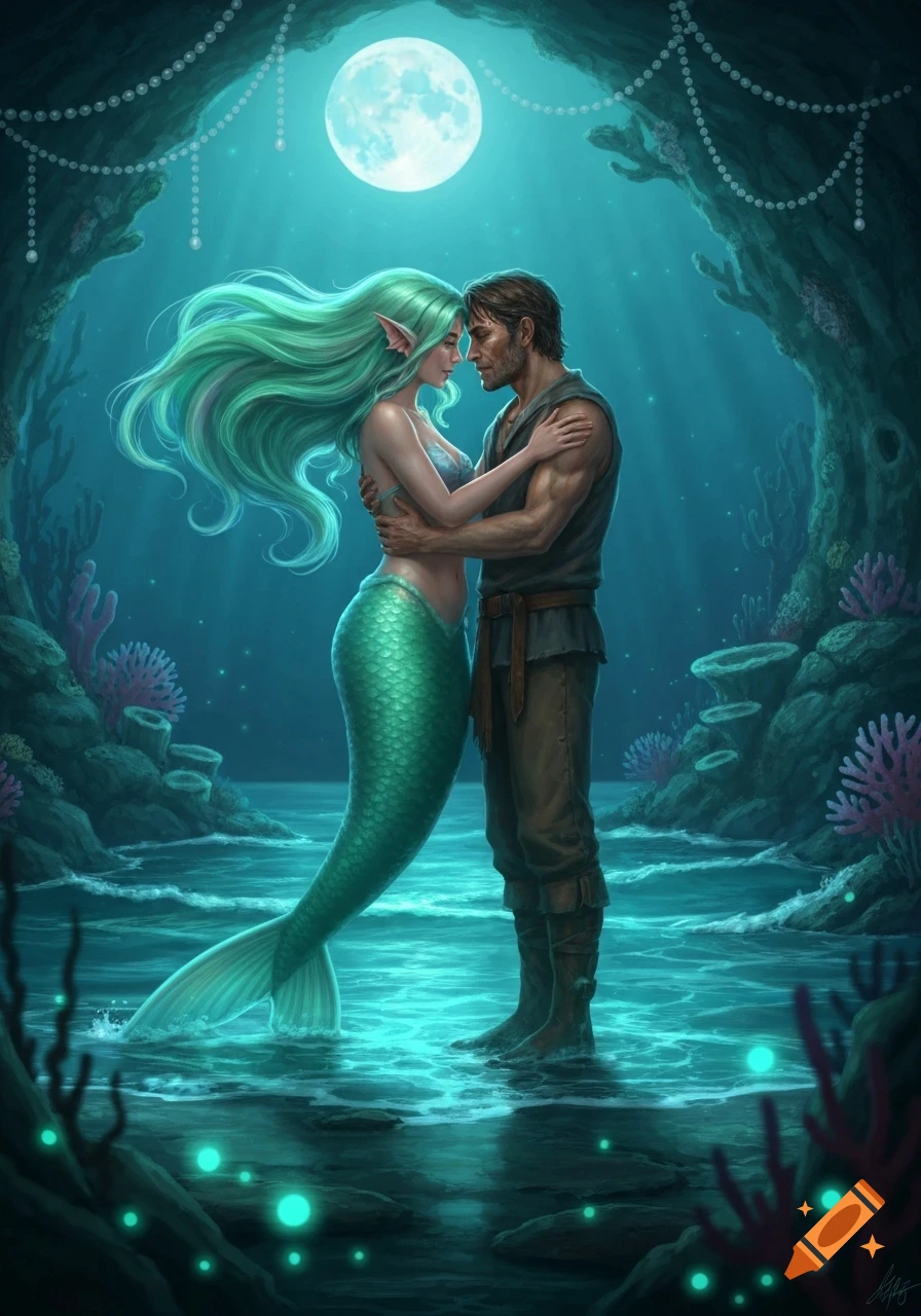 A mermaid with green hair and a man embrace in a moonlit underwater cave with glowing plants, rendered in a fantasy art style.