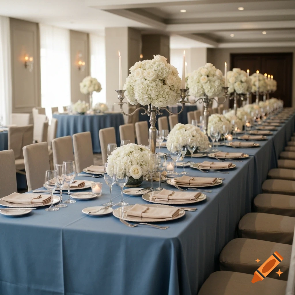 Long banquet table with dusty blue tablecloths, white floral arrangements, silver candelabras, and elegant place settings in a refined event space.