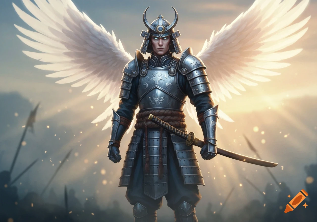 A formidable winged warrior in detailed samurai armor with glowing eyes, holding a katana, stands on a battlefield with a glowing sky.
