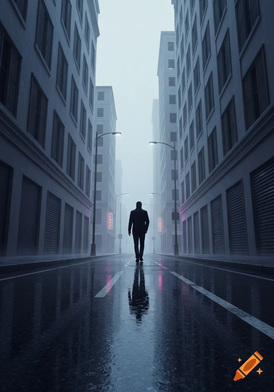 A solitary figure walks down a wet, foggy city street lined with tall buildings under streetlights, casting a long reflection.