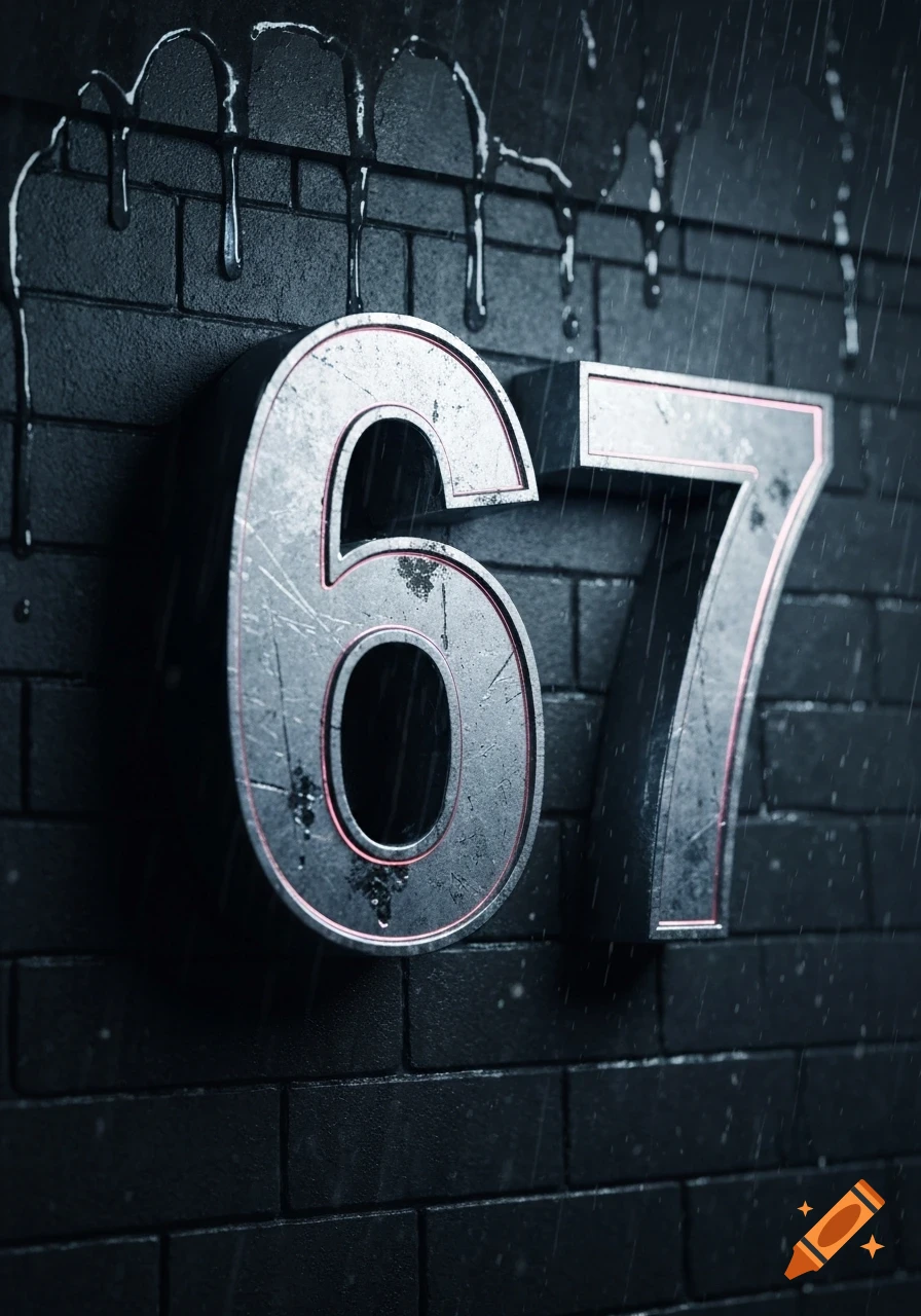 Textured metal numbers '67' on a dark brick wall with water dripping and rain.