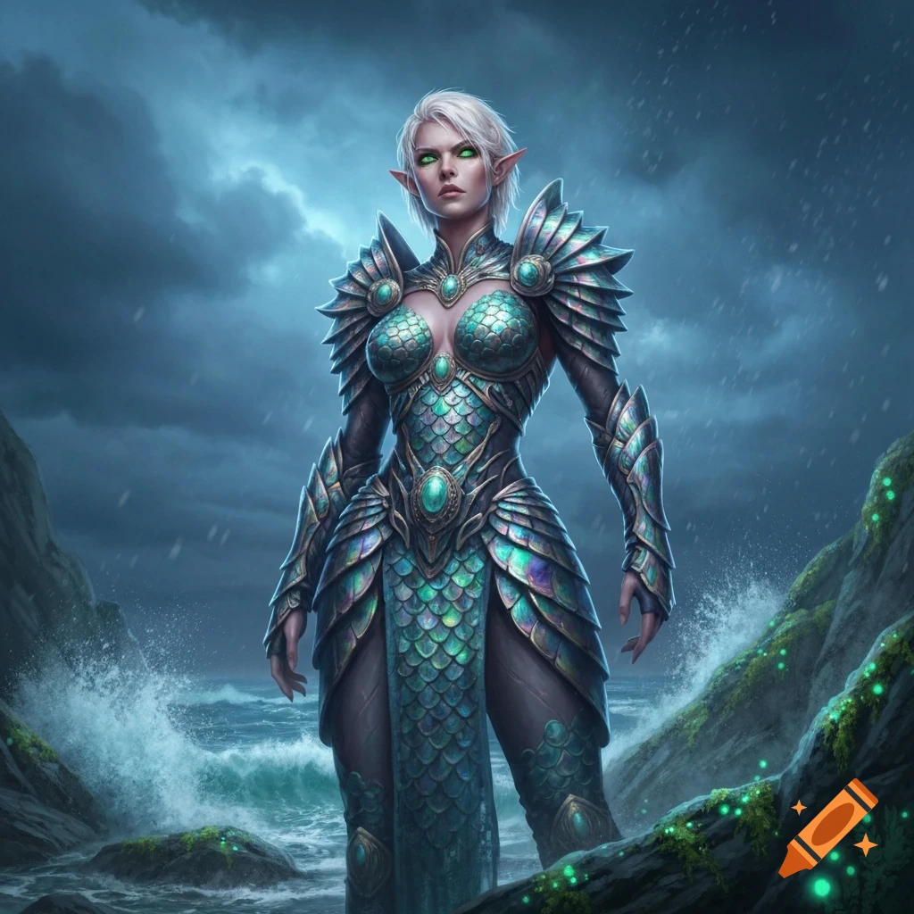 A white-haired elf in iridescent green scale armor stands on a rocky, stormy coast with waves crashing.