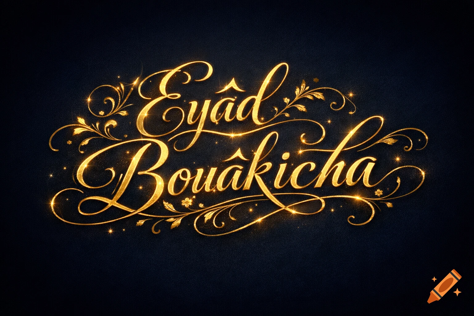 Golden ornate script 'Eyâd Bouâkicha' with sparkling details on a dark background.