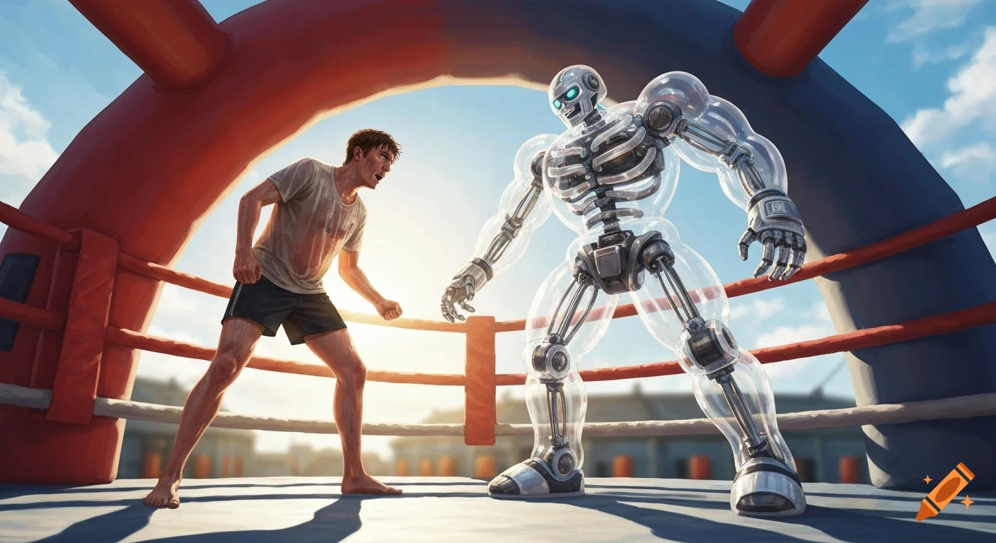 An exhausted man stands in a boxing ring, confronting a muscular, transparent skeletal robot, digital art.