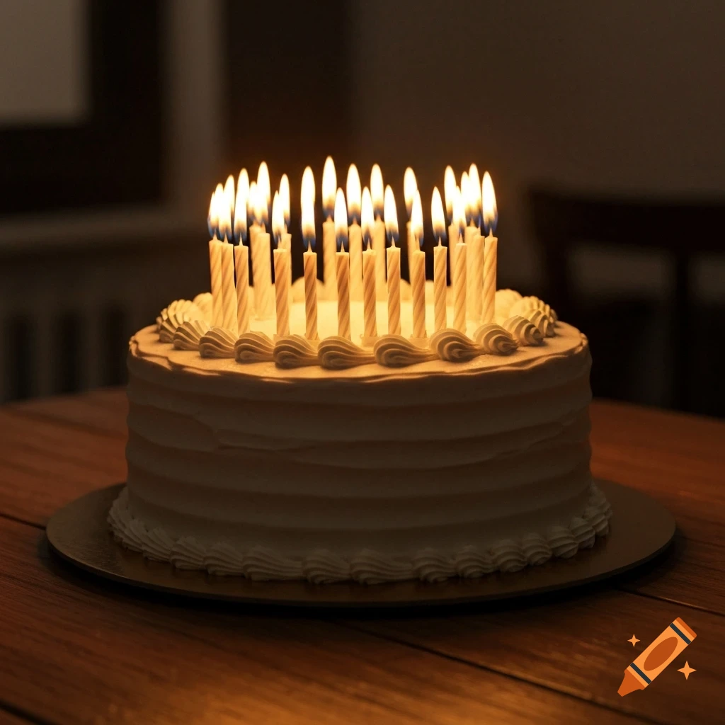 Photorealistic birthday cake on a wooden table, covered with many lit candles, casting a warm glow in a dimly lit room.