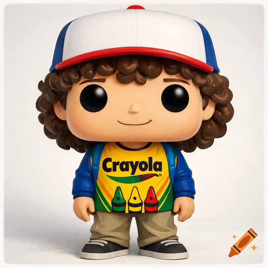 Funko Pop figure of Dustin Henderson from Stranger Things wearing a yellow shirt with the Crayola logo and crayons.