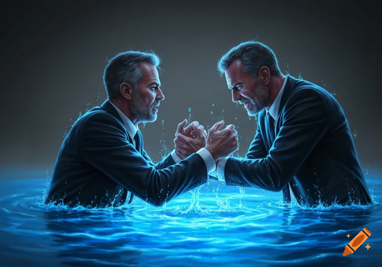 Two bearded men in suits are arm-wrestling in a pool of glowing blue water, with intense expressions.