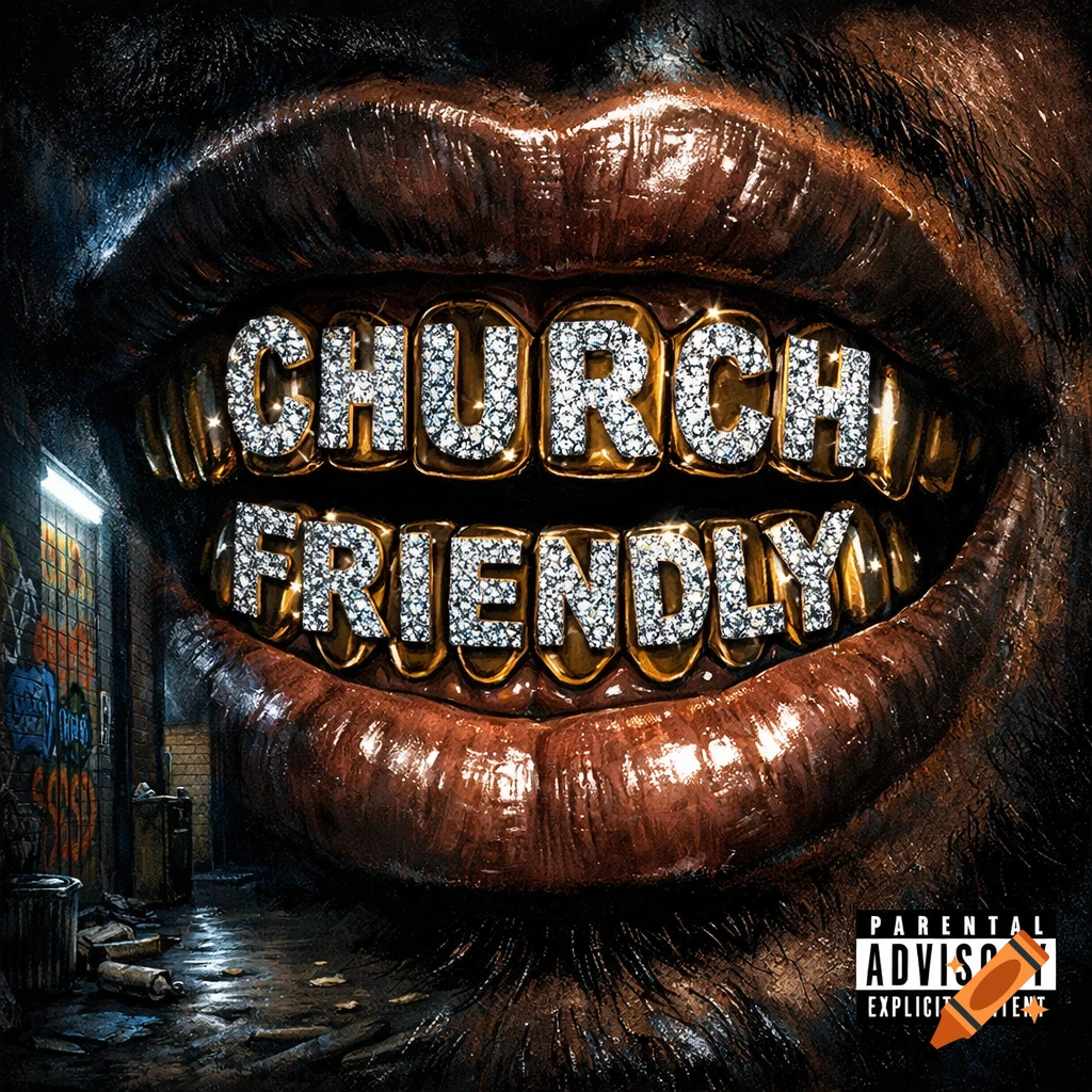 Close-up of a mouth with shiny lips and gold grills spelling 'CHURCH FRIENDLY' in diamonds, set against a gritty alleyway. Features a Parental Advisory label.