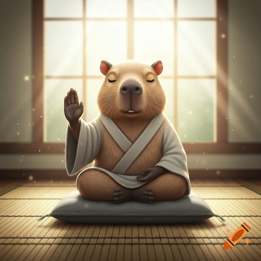 A cute cartoon capybara zen master meditating with closed eyes and one hand raised, sitting on a cushion on a tatami mat.
