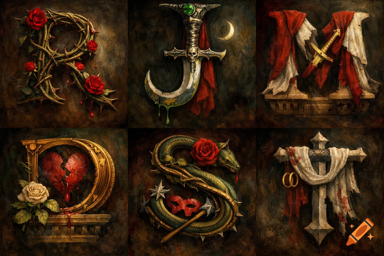Six ornate, gothic-style letters and a cross symbol: R, J, M, D, S, each adorned with elements like roses, thorns, swords, or a broken heart, against a dark, textured background.