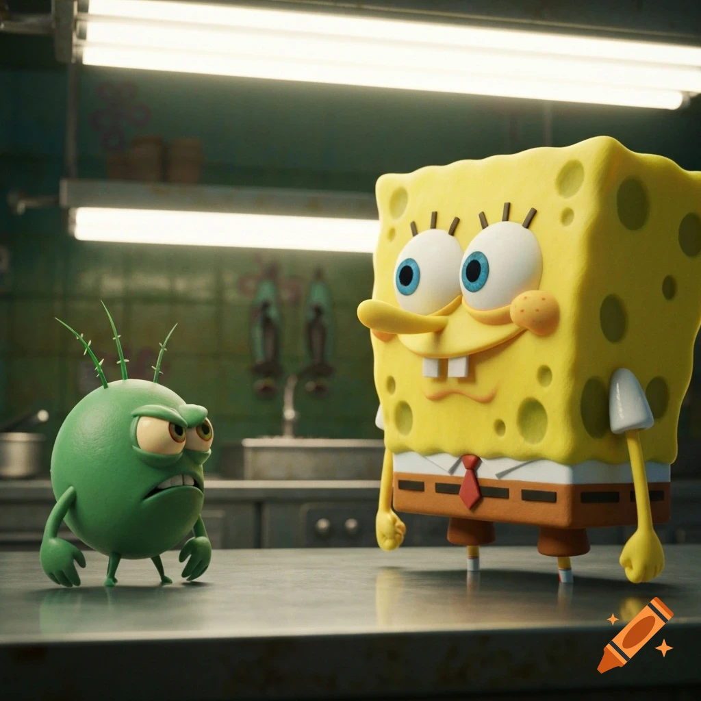 A 3D animated image of a smiling Spongebob and an angry Plankton standing on a kitchen counter.