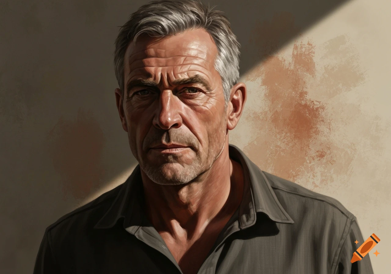 A realistic digital painting of an older man with grey hair and a serious expression, lit from the side with strong shadows.