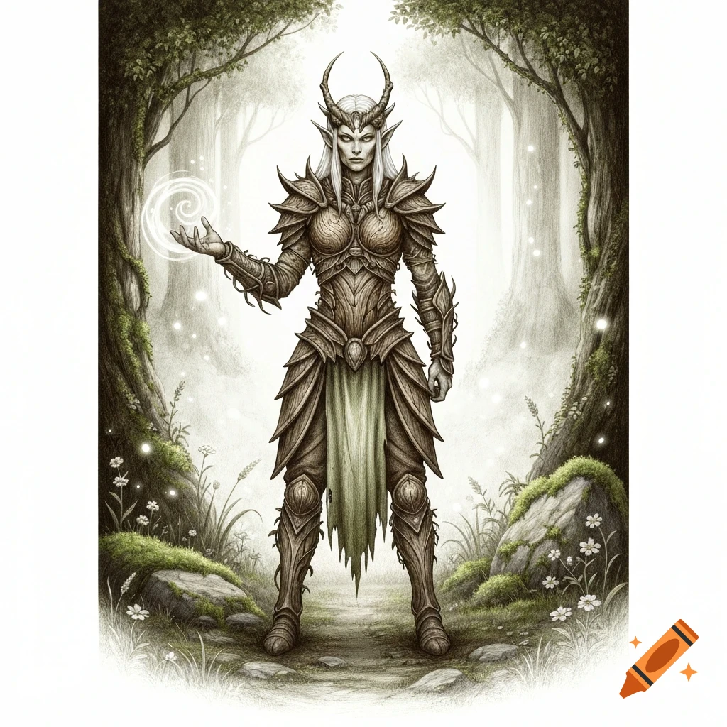 A detailed drawing of an armored, horned elf-like figure with white hair holding a glowing orb in a mystical, misty forest.