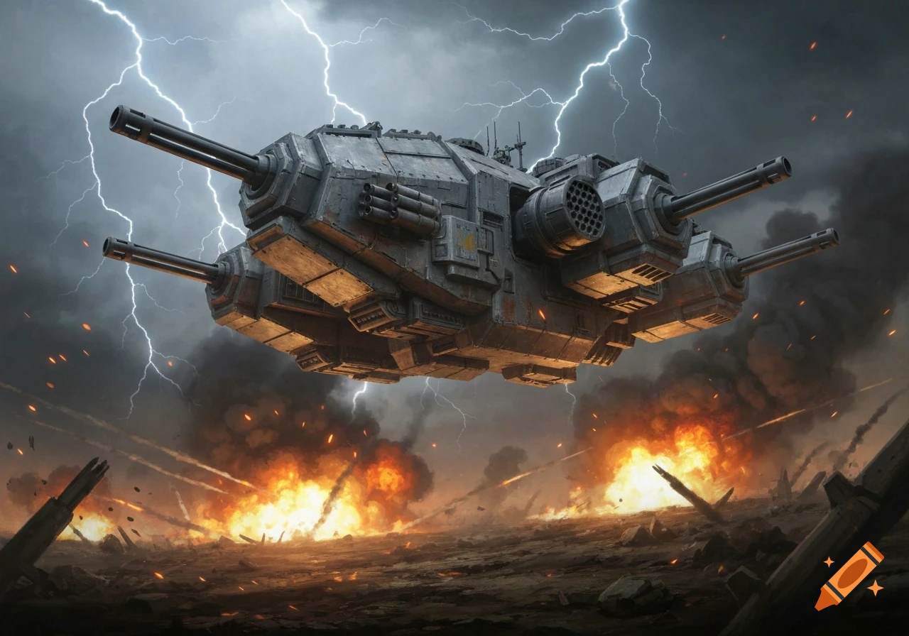 A large, heavily armed gray gunship hovers above a fiery battlefield under a stormy, lightning-filled sky.