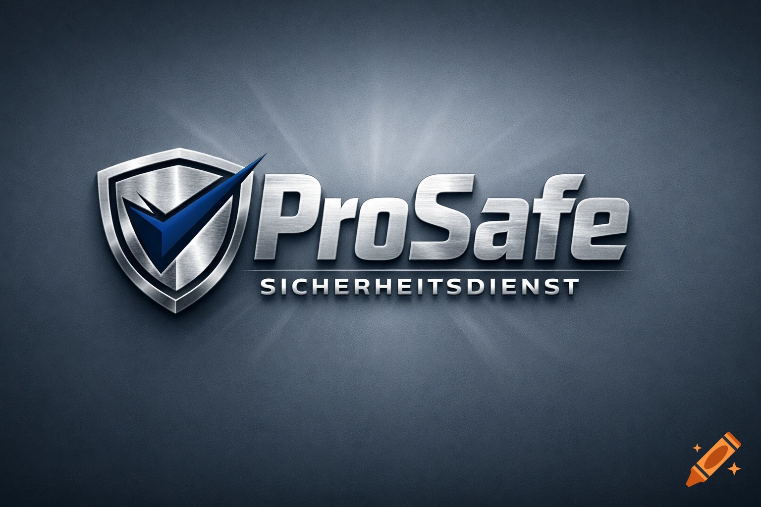 3D metallic logo for ProSafe Sicherheitsdienst featuring a silver shield with a blue checkmark and text in a shiny font.