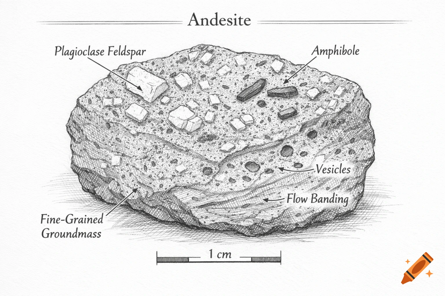 A black and white scientific sketch of andesite rock, labeled with geological features and a 1 cm scale.