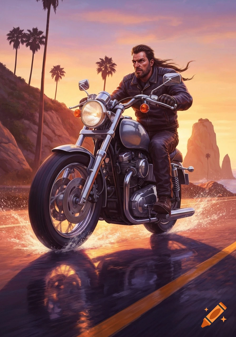 Long-haired man on a motorcycle rides a wet coastal road at sunset, with palm trees and ocean cliffs.