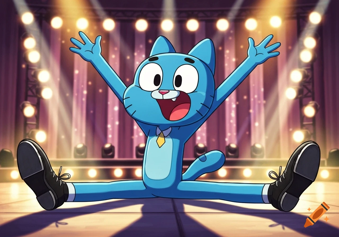 Blue cartoon cat Gumball Watterson does a full split on stage with arms raised, lit by spotlights.