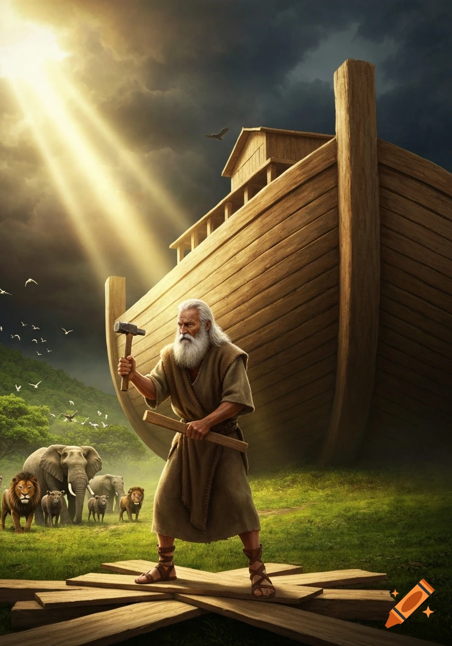 Noah, an elderly man with a long beard, hammers planks while building a massive ark on a green hillside under a dramatic, sun-drenched, cloudy sky. Animals wait in the background.
