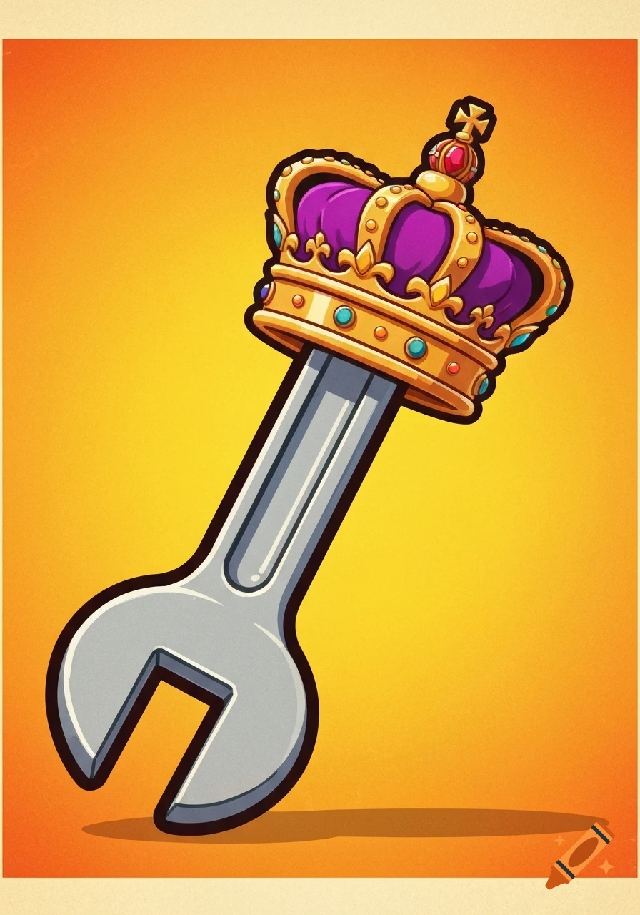 A cartoon illustration of a grey spanner with a purple and gold imperial crown on top, against an orange background.