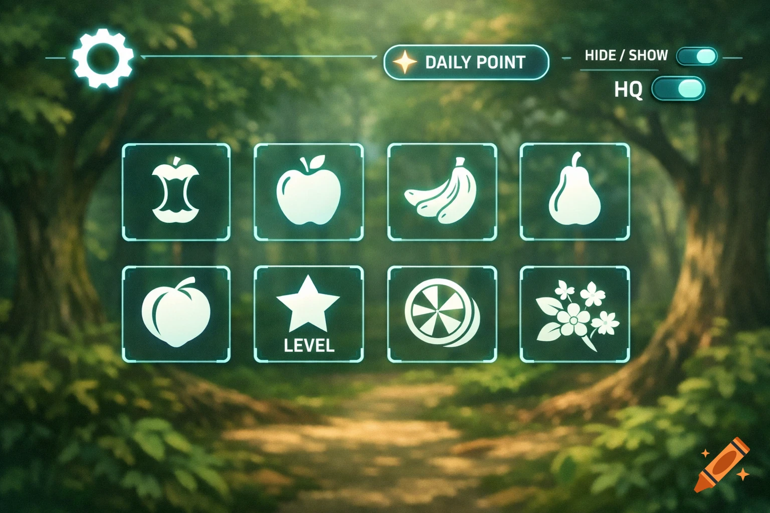 A game UI overlay with fruit and game progress icons, settings, and daily point buttons over a blurred forest background.