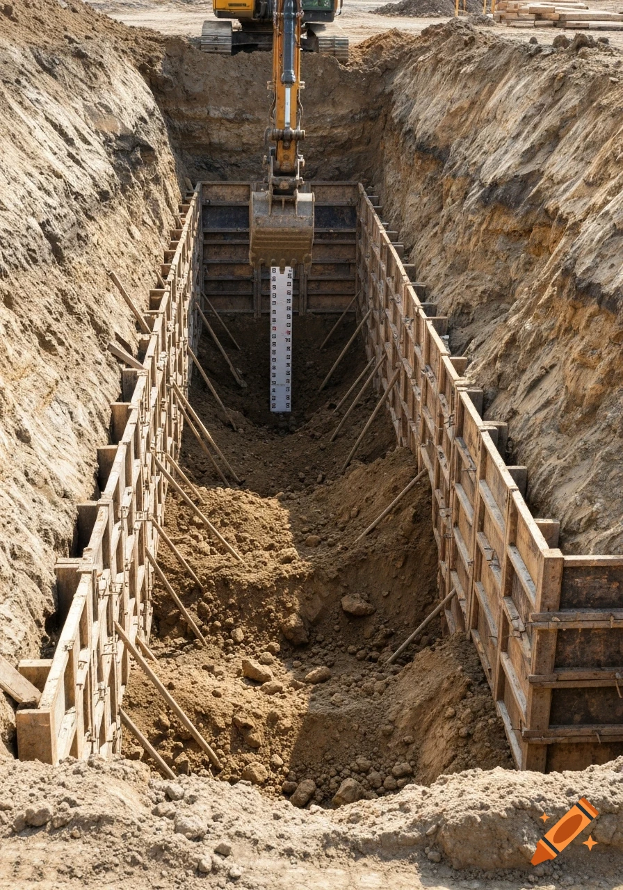 An excavator digs a deep foundation trench with wooden formwork and a visible depth scale on a professional construction site.
