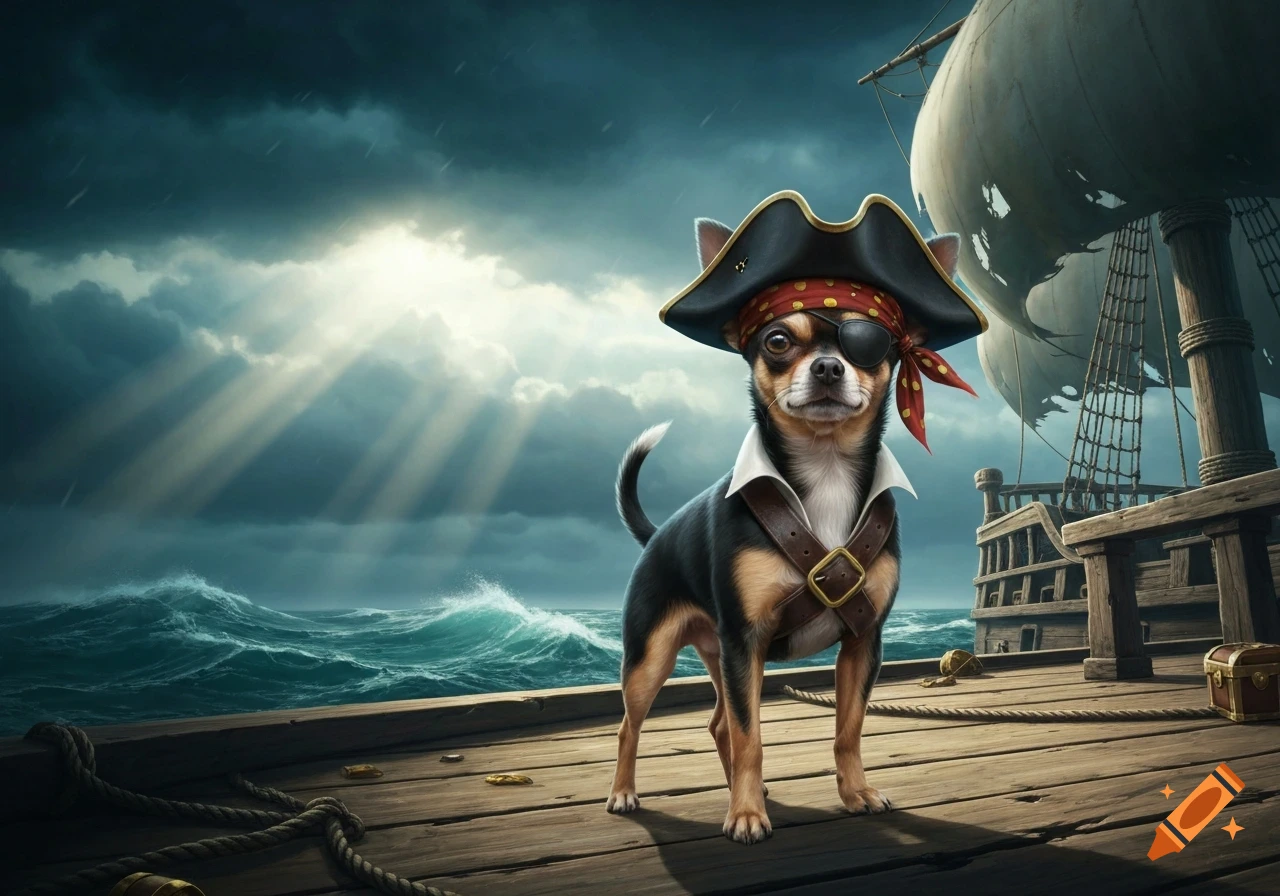 A chihuahua dressed as a pirate with an eye patch and hat stands on a stormy ship deck under dramatic sunlit clouds.
