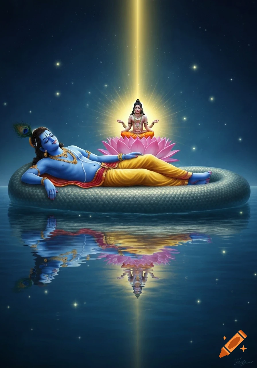 Vishnu reclines on a giant coiled serpent floating on water, while Brahma sits on a lotus emerging from Vishnu's navel, under a starry sky with a light beam.