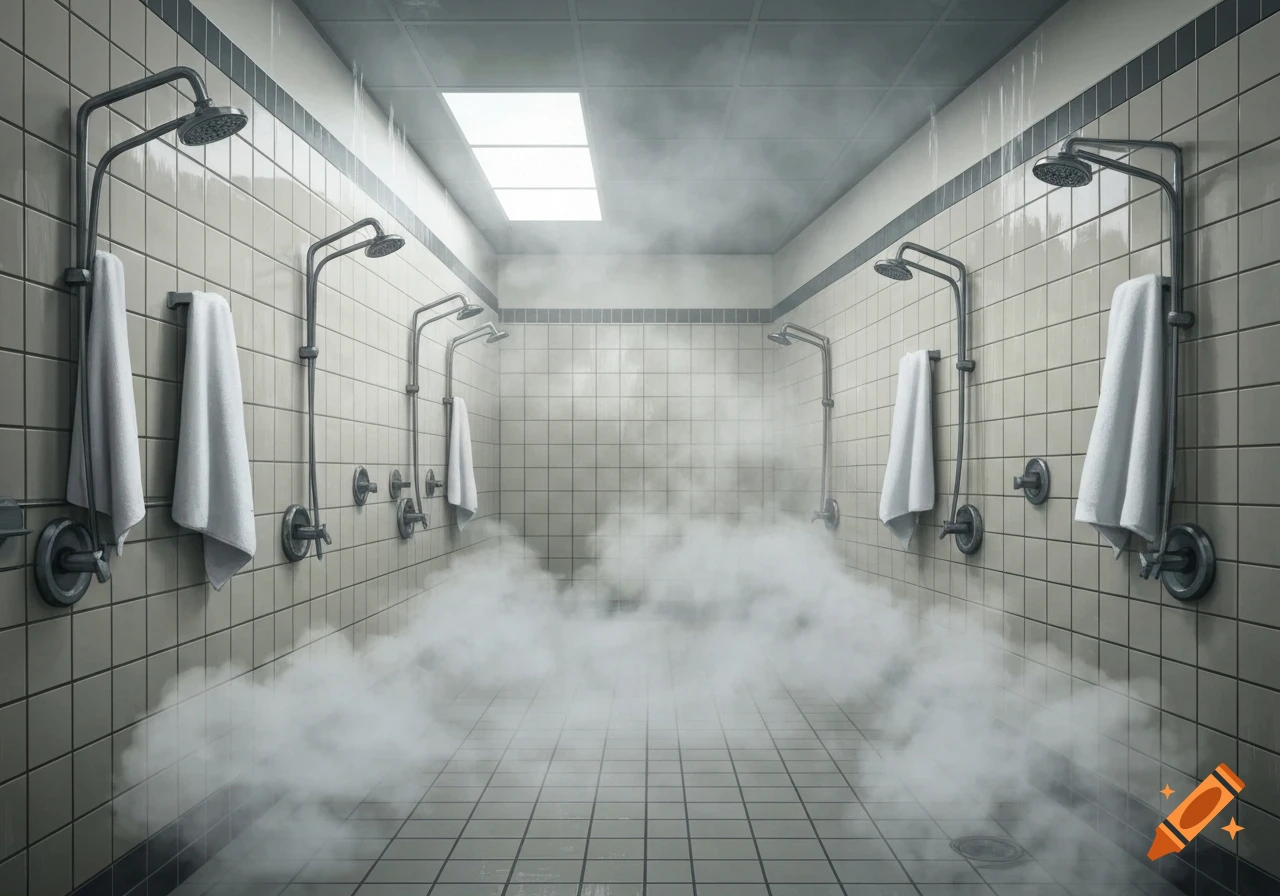 An empty, steamy gym shower room with rows of shower heads, white tiled walls, and towels, in a realistic style.